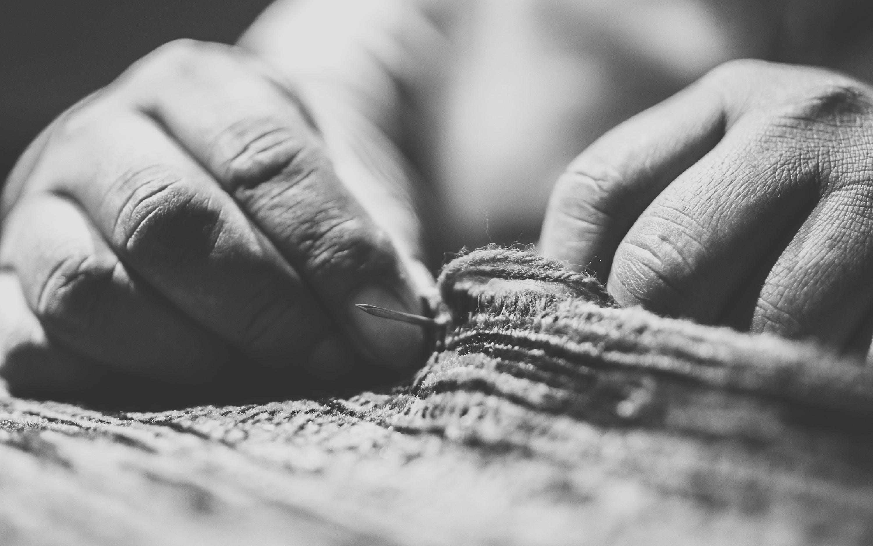 Handcrafted sewing on burlap
